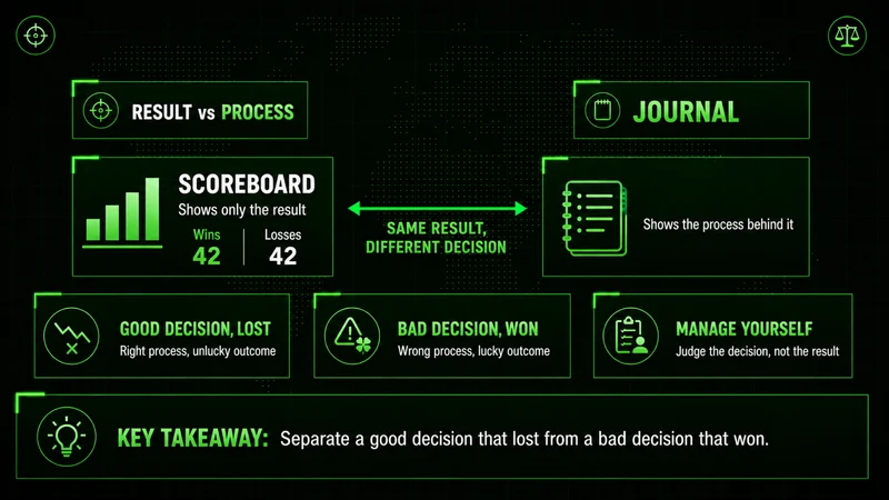 Result vs process diagram: a scoreboard showing 42 wins and 42 losses beside a trading journal recording each decision