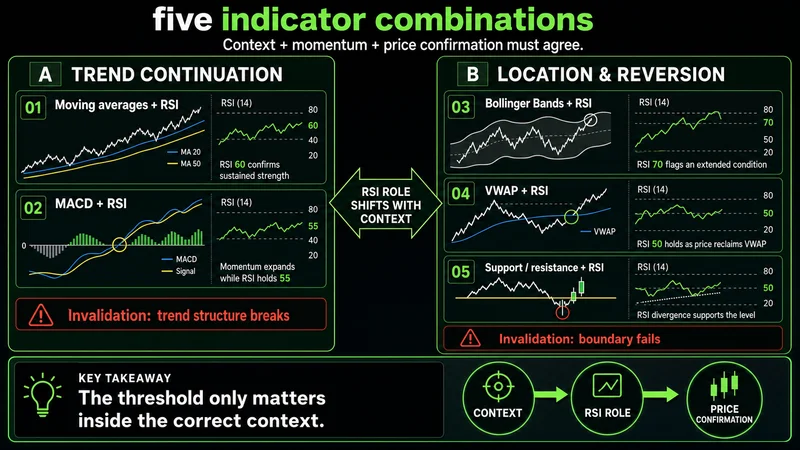 Comparison infographic for EMA, MACD, Bollinger Bands, VWAP, and Stochastic combinations with RSI