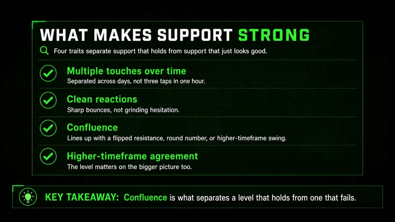 Checklist of four traits of strong support: multiple touches, clean reactions, confluence, higher-timeframe agreement