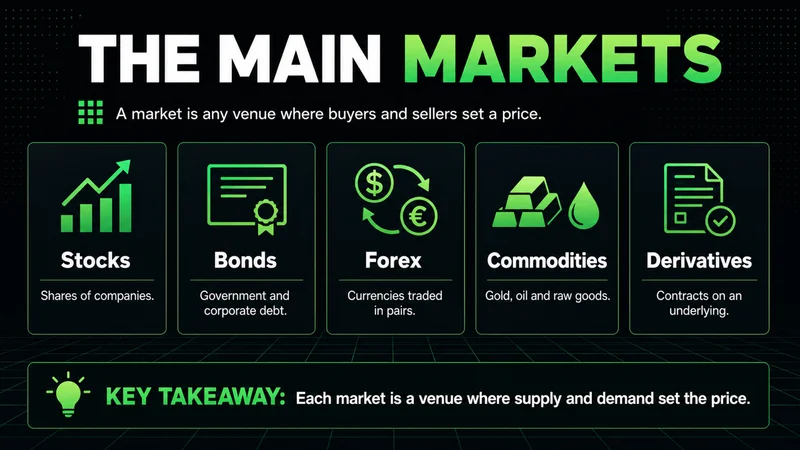 Neon cards on the main financial markets: stocks, bonds, forex, commodities and derivatives