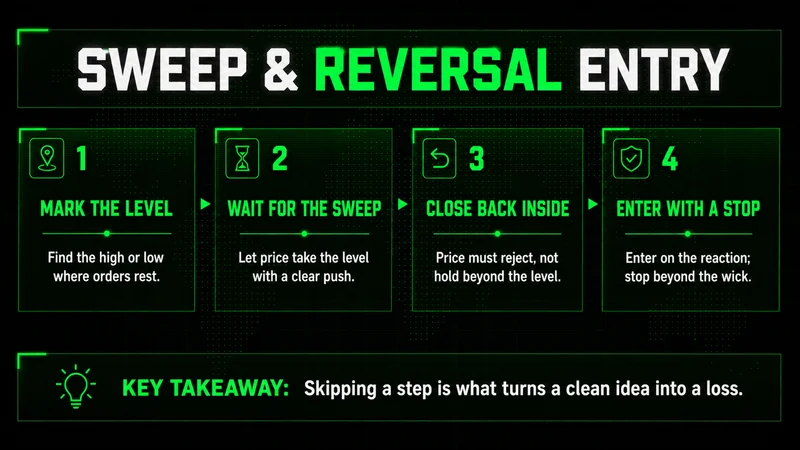 Four numbered steps of a sweep and reversal entry: mark the level, wait for the sweep, close back inside, enter with a stop