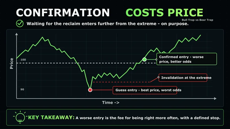Neon chart showing a confirmed reclaim entry versus a guessed entry at the extreme