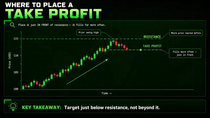 Candlestick chart placing a take profit dot just below a dashed resistance line, above the prior swing high