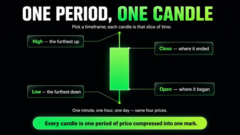 Diagram titled "One Period, One Candle" with a single green candle labeled high (the furthest up), low (the furthest down), close (where it ended) and open (where it began); every candle is one period of price compressed into one mark.
