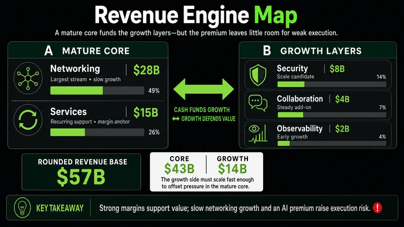 Cisco revenue breakdown comparing networking, services, security, collaboration, and observability