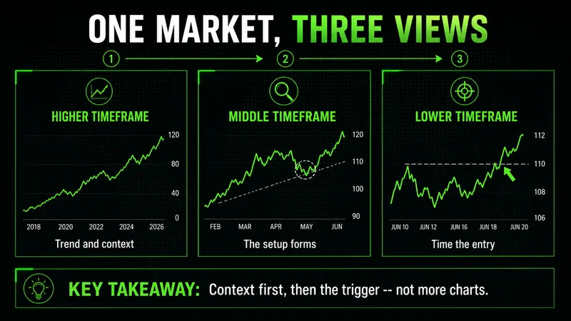 Three-panel diagram of a multi timeframe trading strategy: higher, middle, and lower timeframe views of one market