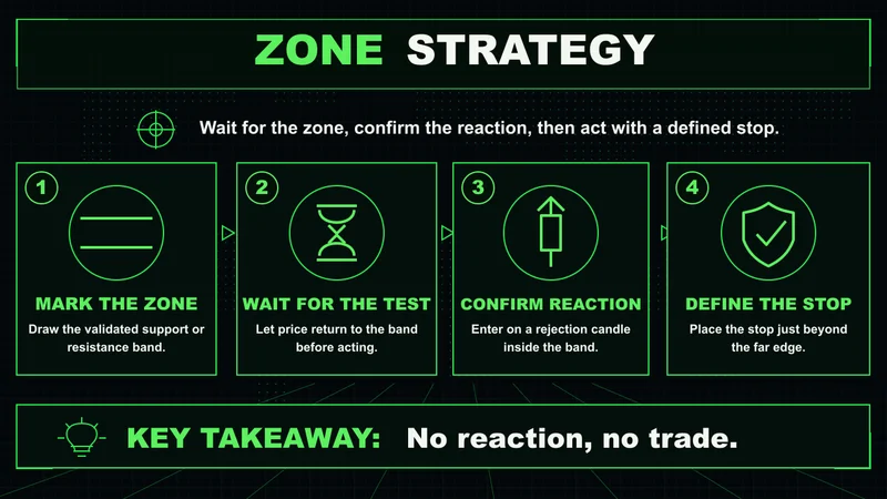 Zone trading strategy in four steps: mark the zone, wait for the test, confirm reaction, define the stop