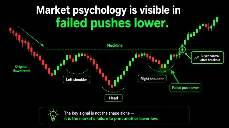 Inverse head and shoulders chart pattern with neckline, shoulders, head, and bullish breakout arrow