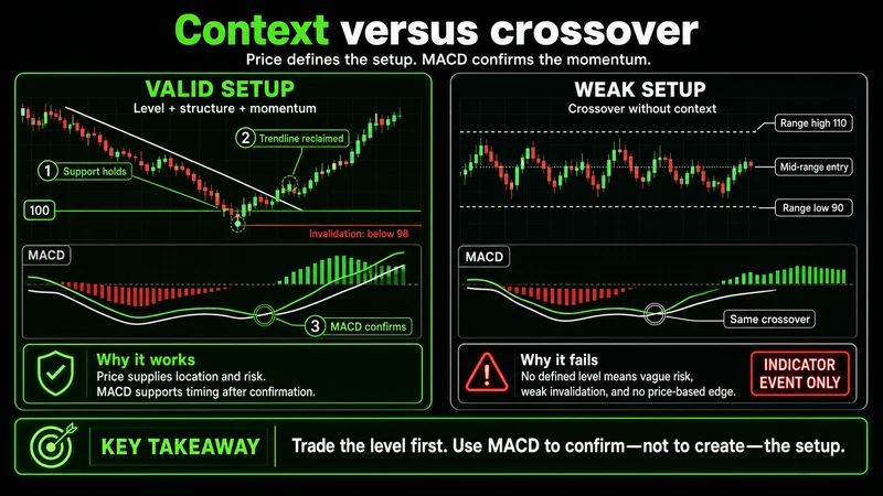 Paired charts comparing a confirmed MACD crossover at support with a context-free crossover