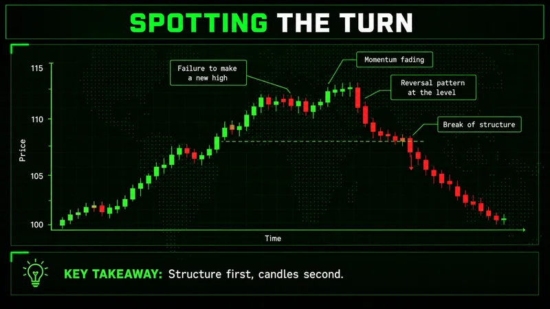 Annotated candlestick chart marking a trend reversal: failure to make a new high, fading momentum, break of structure
