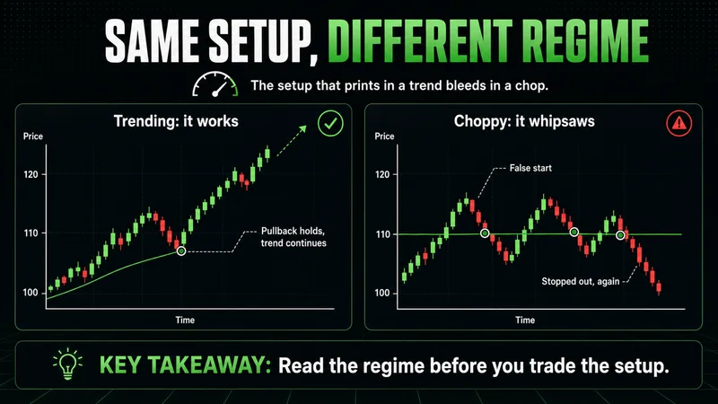 Two side-by-side charts showing the same trend-pullback setup working in a trending market on the left and whipsawing into repeated losses in a choppy range on the right