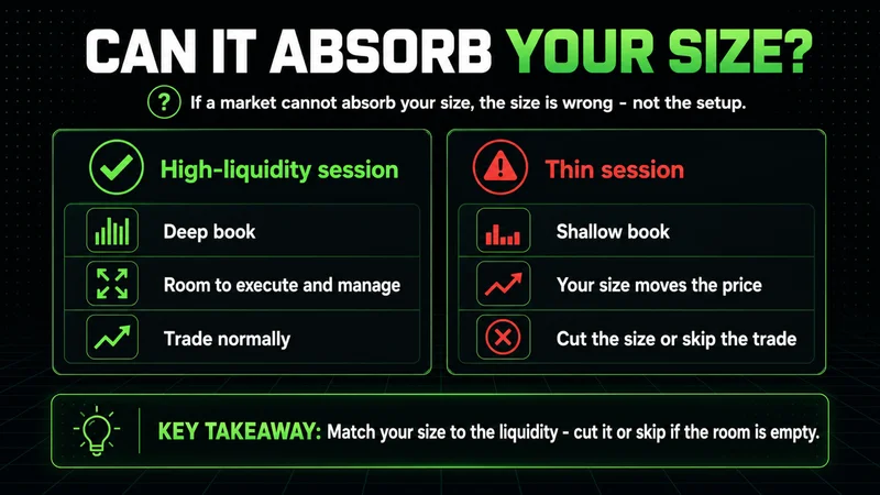 Neon panels on matching trade size to a high-liquidity versus a thin session
