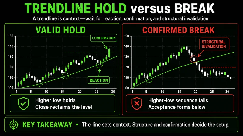 Trendline support and resistance chart comparing a higher-low hold with structural failure