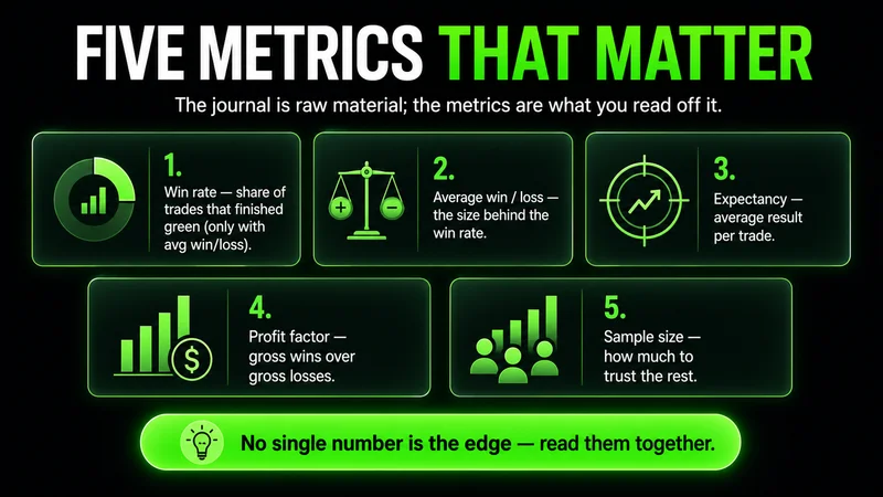 Five-card set titled "Five Metrics That Matter" — win rate, average win/loss, expectancy, profit factor, and sample size — read off a trading journal; no single number is the edge, read them together.