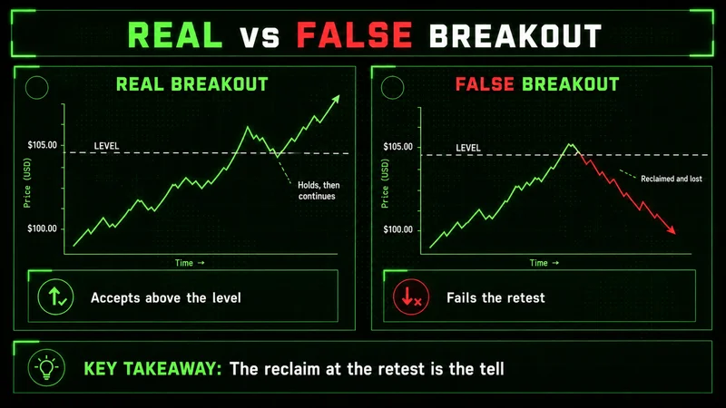 Side-by-side charts contrasting a real breakout that holds the level with a false breakout that fails the retest