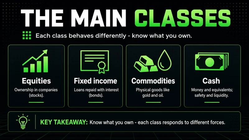 Neon cards on the main asset classes: equities, fixed income, commodities and cash