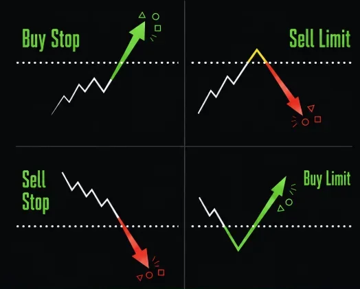 Trading order types chart showing buy stop, sell limit, sell stop and buy limit price action examples
