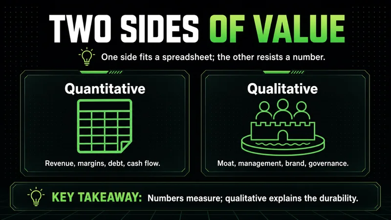 Neon panels splitting value into quantitative spreadsheet metrics and qualitative drivers
