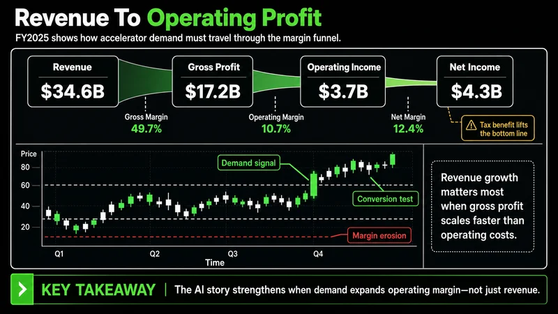 AMD FY2025 revenue funnel showing gross profit, operating income, and net income