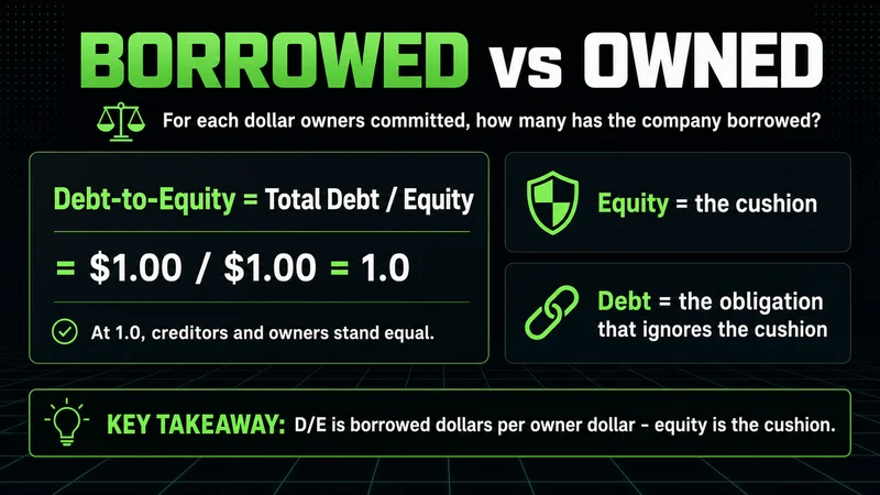 Neon debt-to-equity formula at 1.0 with equity as the cushion and debt as the obligation