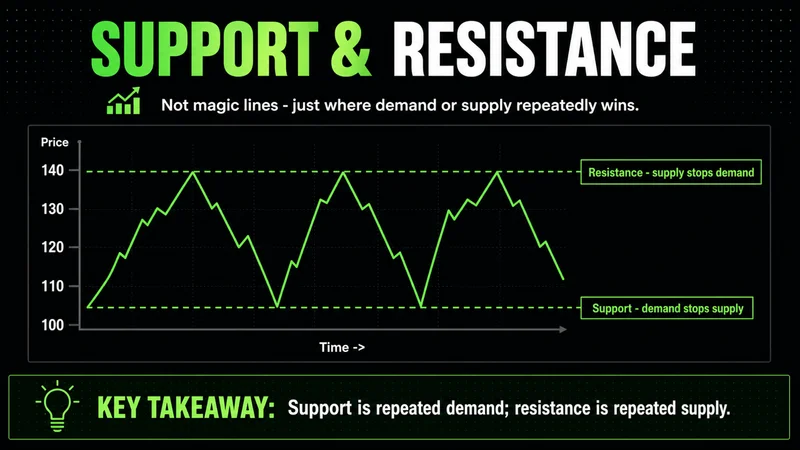 Neon chart of price bouncing between support and resistance levels of demand and supply