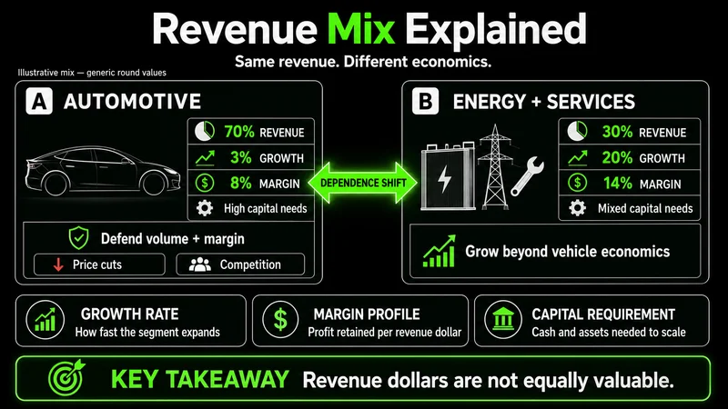 Tesla revenue mix showing automotive, energy, and services contributions to $94.8 billion