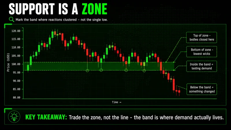 Candlestick chart marking a shaded support zone as a band, labeling top, bottom, inside and below the band