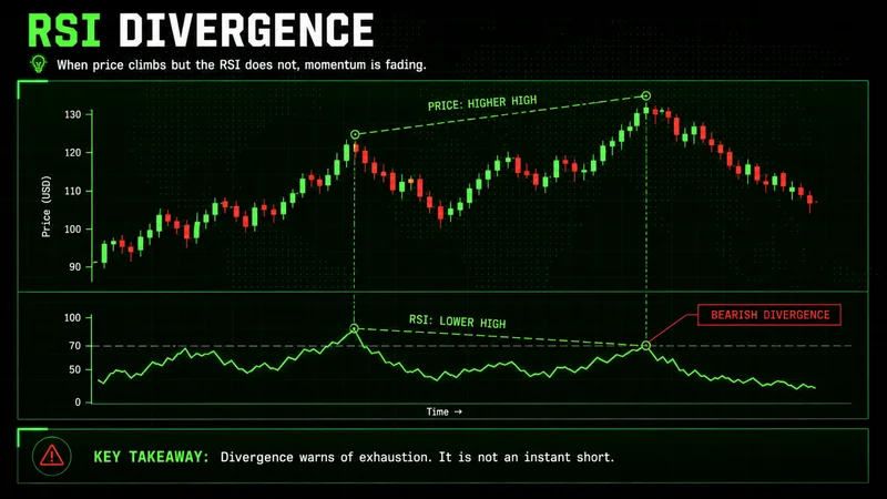 Two-panel RSI bearish divergence: price makes a higher high while the RSI line makes a lower high