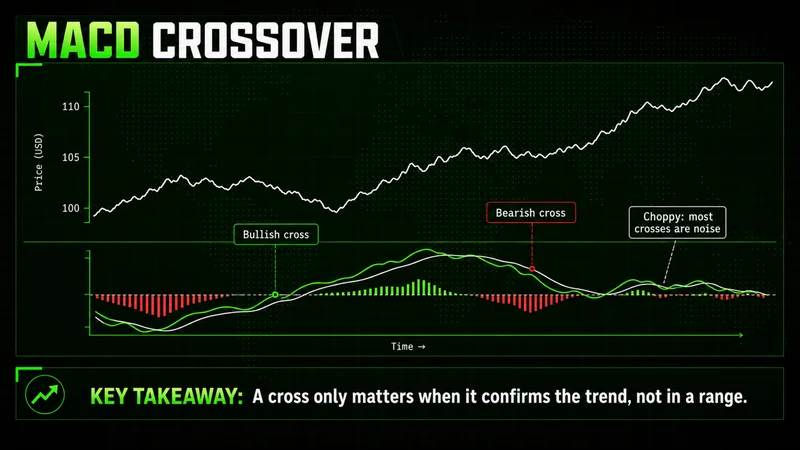 Annotated price chart with a MACD panel beneath it showing the MACD line crossing above the signal line at a bullish cross and below it at a bearish cross, with the histogram flipping from negative to positive bars