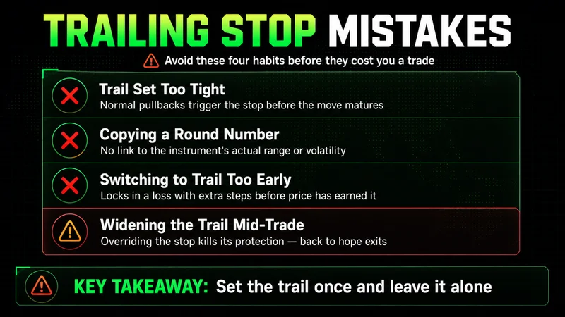 Checklist of four trailing stop mistakes: trail too tight, round-number gap, trailing too early, widening mid-trade