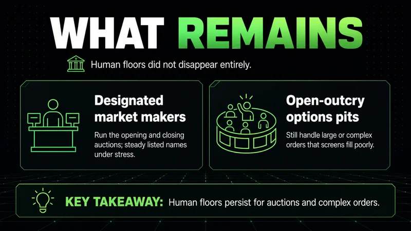 Neon cards on what floor trading remains: designated market makers and open-outcry options pits