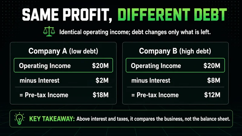 Neon panels showing two companies with the same operating income but different debt and pre-tax income