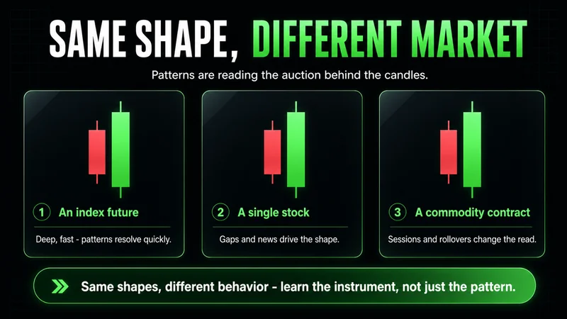 Three-card set titled "Same Shape, Different Market" showing the same engulfing pair across an index future (deep and fast), a single stock (gaps and news drive it), and a commodity contract (sessions and rollovers change the read); learn the instrument, not just the pattern.
