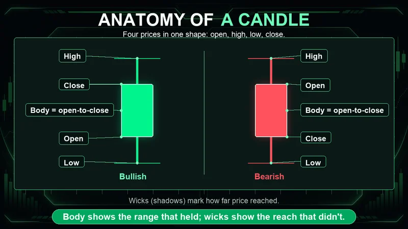 Diagram titled "Anatomy of a Candle" showing a bullish green candle and a bearish red candle, each labeled with high and low at the wick tips and open and close at the body edges; the body is the open-to-close range and the wicks mark how far price reached.