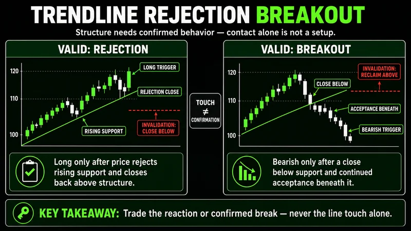 Paired trendline charts comparing rejection and confirmed breakout entries
