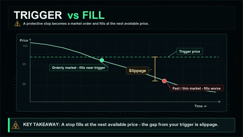Neon chart showing a protective stop's trigger versus its fill and the slippage gap
