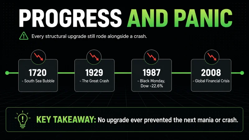 Neon timeline of market crashes: 1720 South Sea, 1929, 1987 Black Monday, 2008