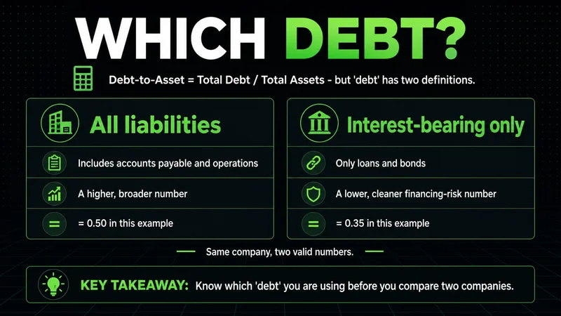 Neon panels showing two definitions of debt for the debt-to-asset ratio: all liabilities versus interest-bearing only