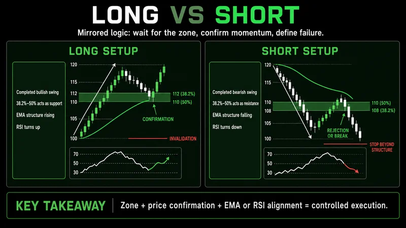 Paired long and short Fibonacci setups with RSI and EMA confirmation rules
