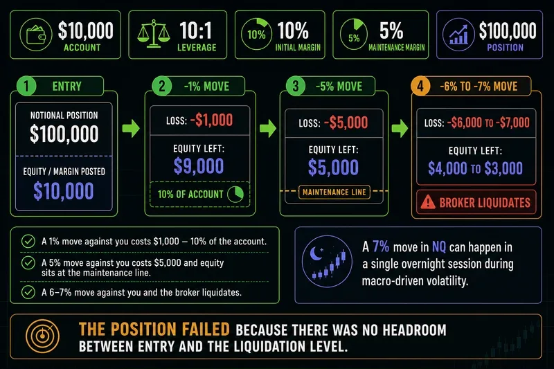 Leverage trading infographic showing 10:1 position losses, maintenance margin, and broker liquidation