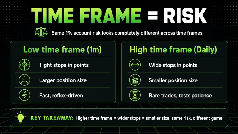 Neon panels showing how a low versus high time frame changes stops and position size at the same risk