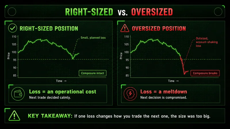 Right-sized vs oversized trade size: green chart with small planned loss beside red chart with steep loss