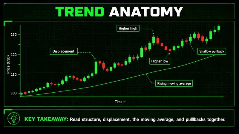 Annotated uptrend chart marking higher highs and higher lows, a displacement candle, a rising moving average, and a shallow pullback that holds