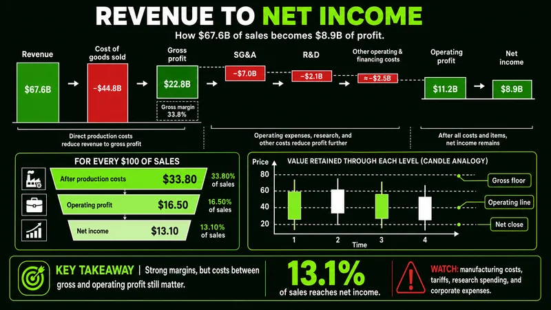 Revenue bridge from $67.6 billion in sales to $8.9 billion in net income