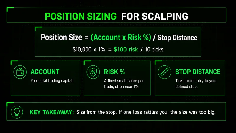 Scalping position-sizing formula: account times risk percent divided by stop distance, with account, risk, stop cards