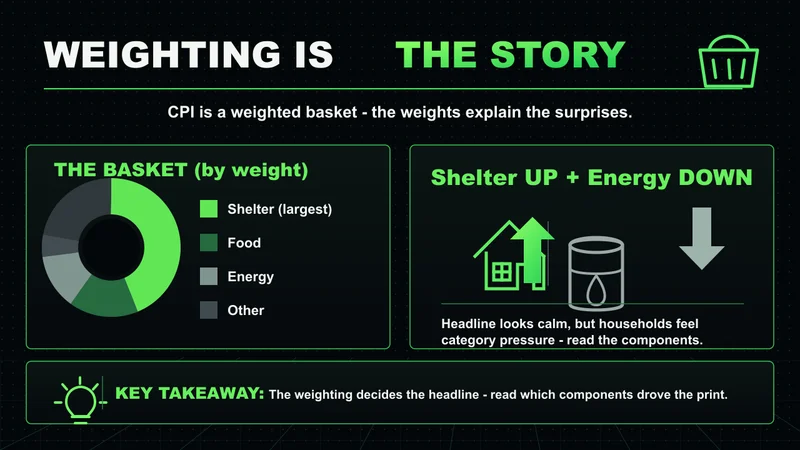 Neon CPI weighting donut showing how component weights, like shelter, drive the inflation print