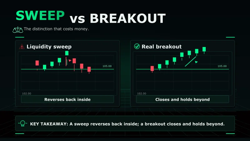 Neon charts contrasting a liquidity sweep that reverses with a breakout that holds