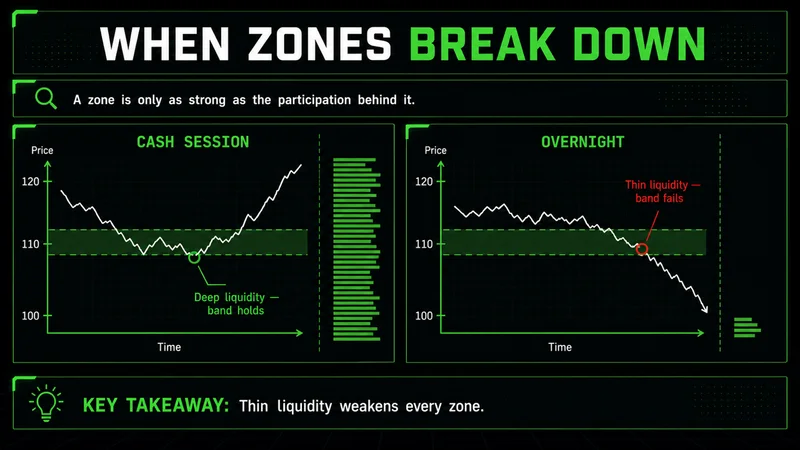 Two charts comparing a zone band holding in the cash session versus failing on thin overnight liquidity