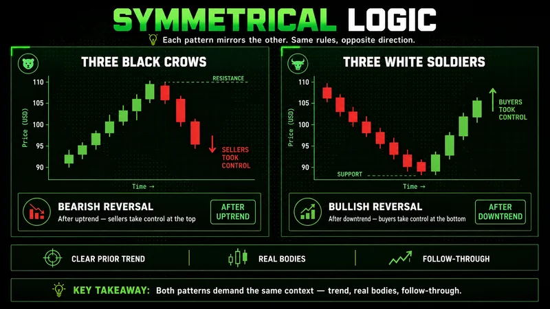 Diagram comparing bearish three black crows and bullish three white soldiers as mirrored reversal patterns