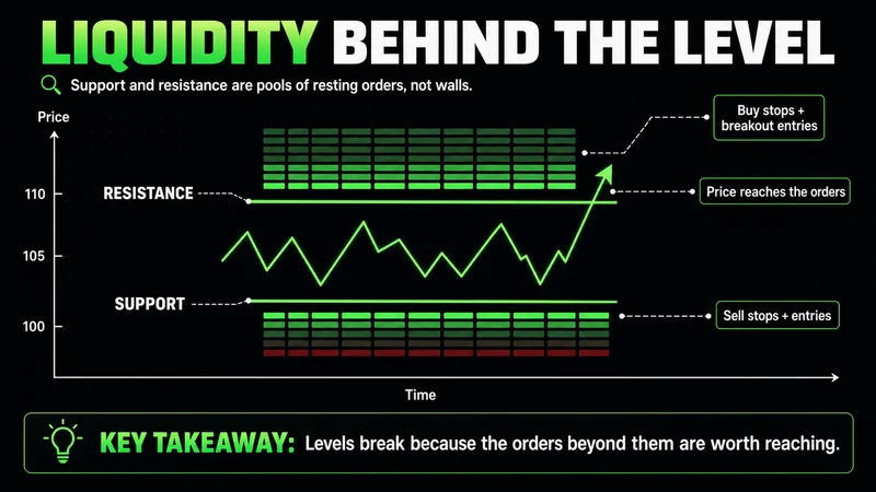 Diagram showing resting stop-loss and entry orders pooled above resistance and below support, the liquidity a breakout reaches for